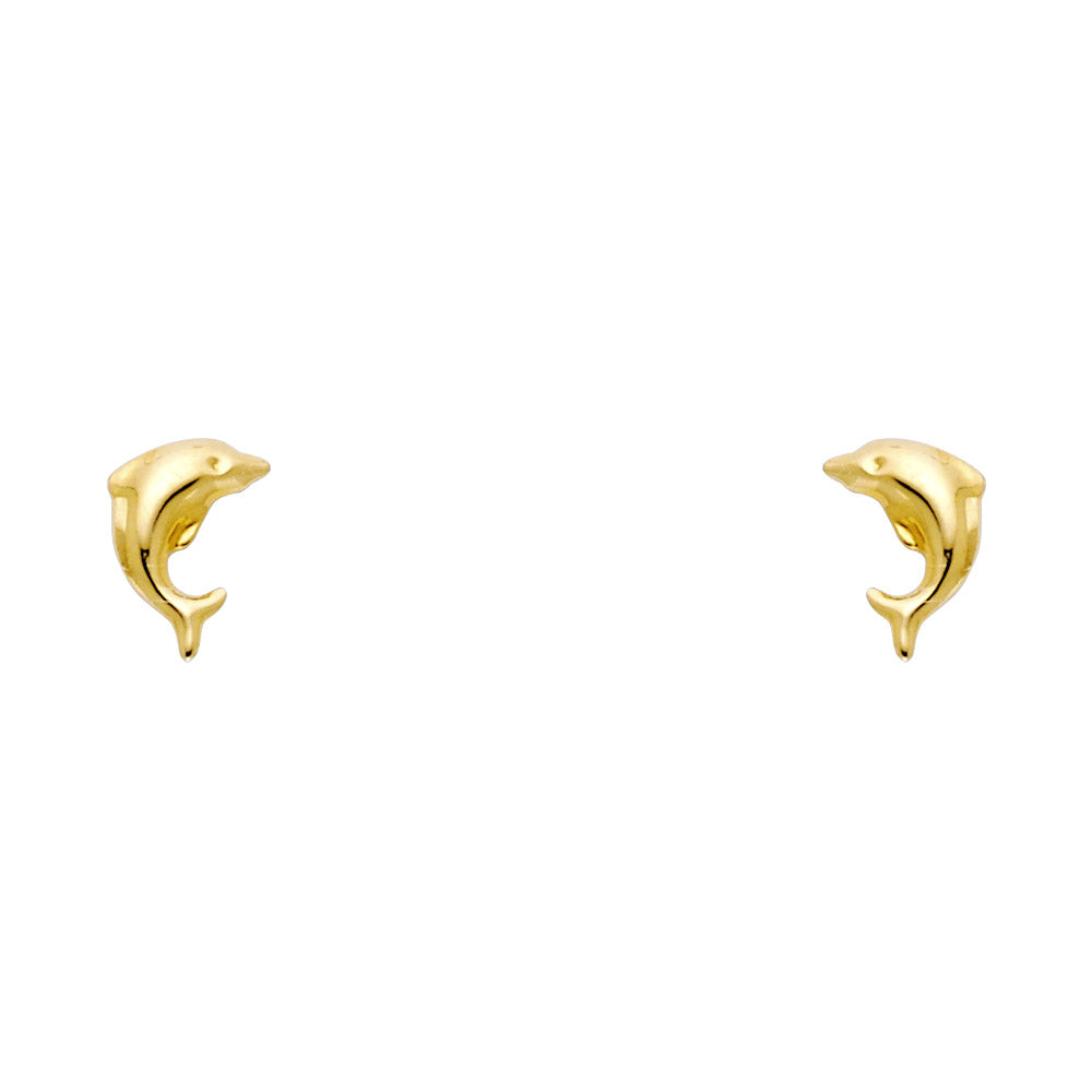 14K yellow gold dolphin stud earrings with screw back closure on white background