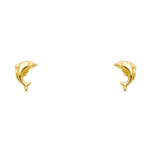14K yellow gold dolphin stud earrings with screw back closure on white background