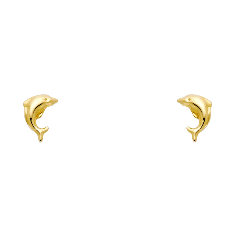14K yellow gold dolphin stud earrings with screw back closure on white background