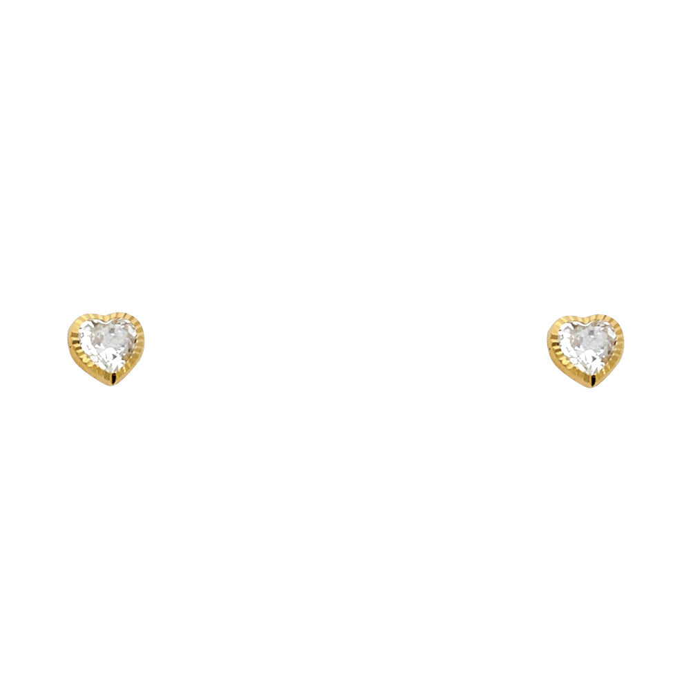 14K yellow gold 4mm heart CZ solitaire stud earrings with diamond-cut border and screw back closure on white background