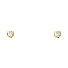 14K yellow gold 4mm heart CZ solitaire stud earrings with diamond-cut border and screw back closure on white background