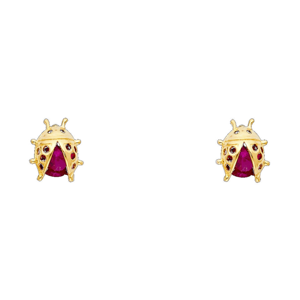 14K yellow gold ladybug stud earrings with red CZ body and accents with screw back closure on white background