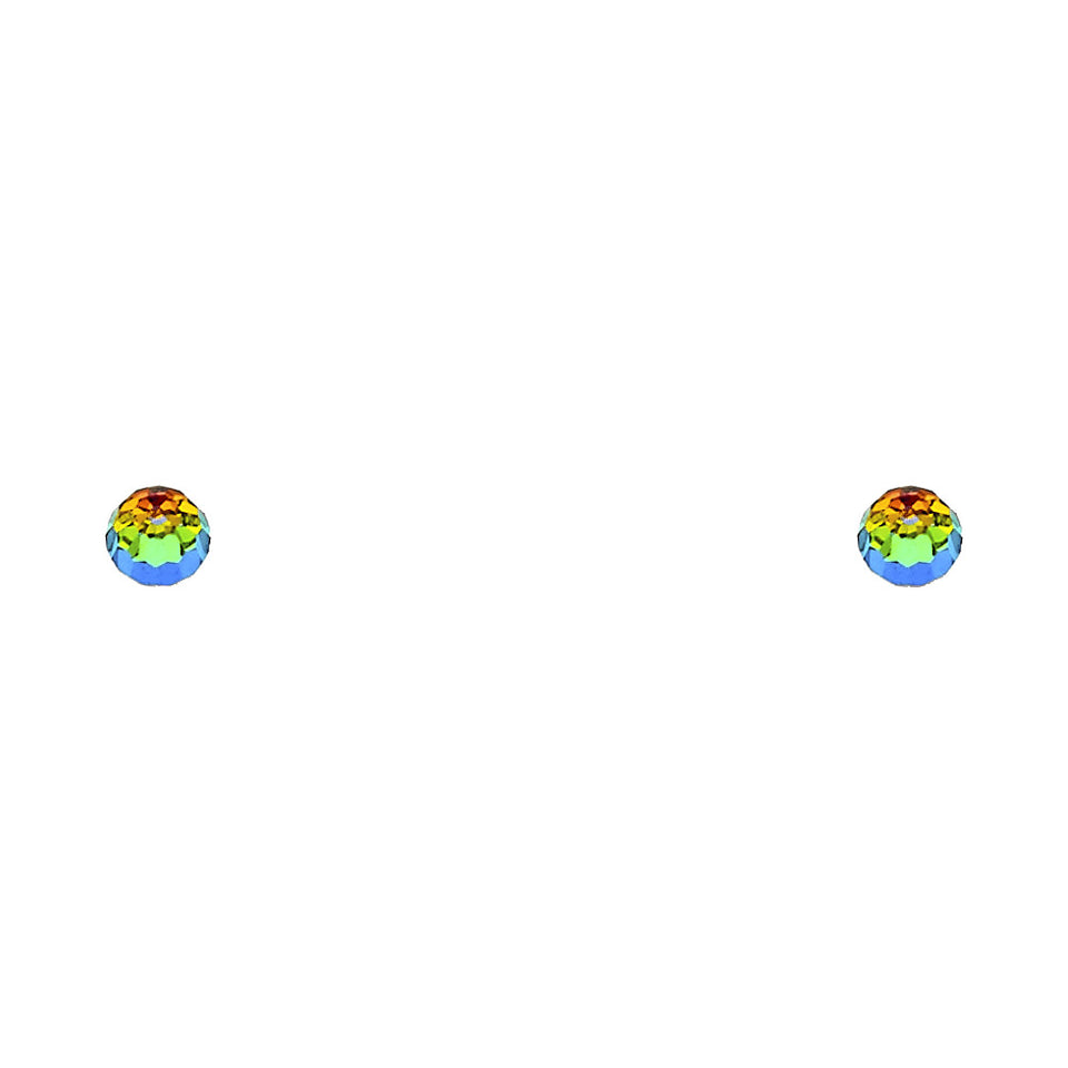 14K yellow gold round rainbow CZ stud earrings with faceted multicolor stones and secure screw back closure on white background