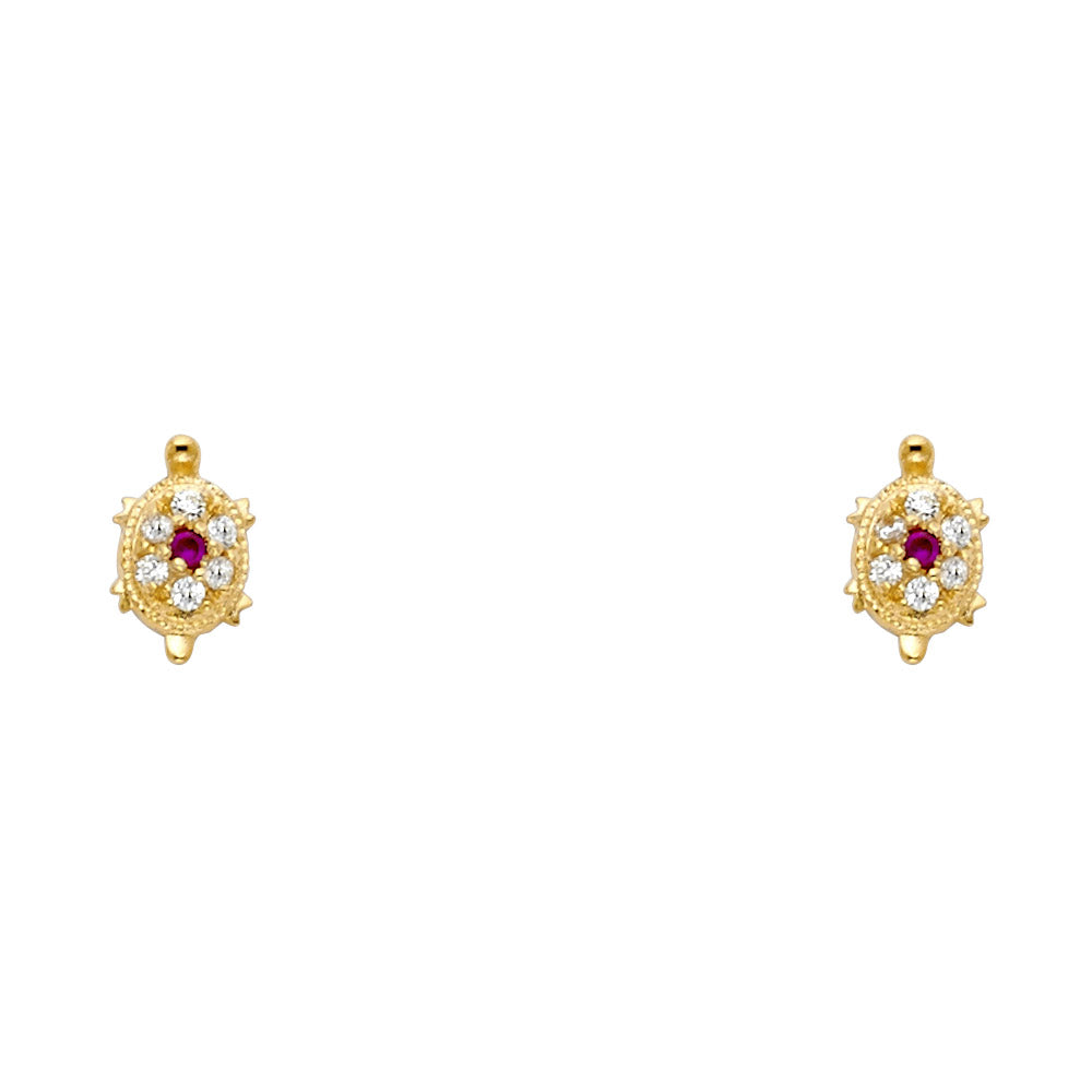 14K yellow gold turtle stud earrings with red CZ center stone and white CZ accents with screw back closure on white background