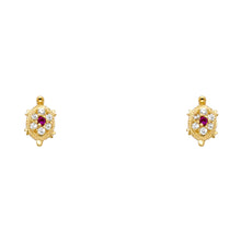14K yellow gold turtle stud earrings with red CZ center stone and white CZ accents with screw back closure on white background
