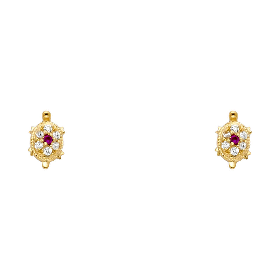 14K yellow gold turtle stud earrings with red CZ center stone and white CZ accents with screw back closure on white background