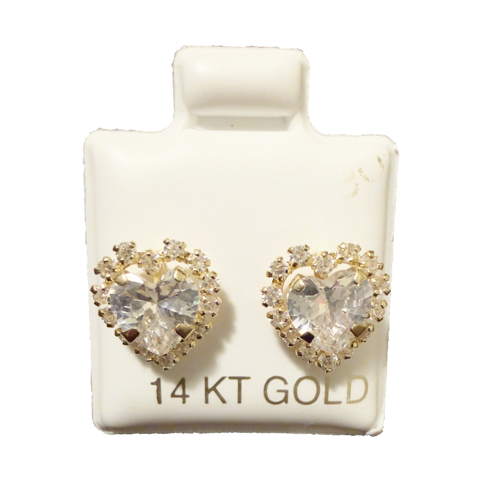 14K Gold CZ Big Heart Stud Earrings